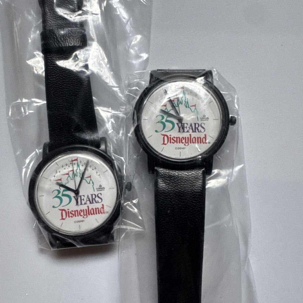 2 Lorus Disney Land 35 Years Black Round Bezel Black Leather Band Watch NOS
